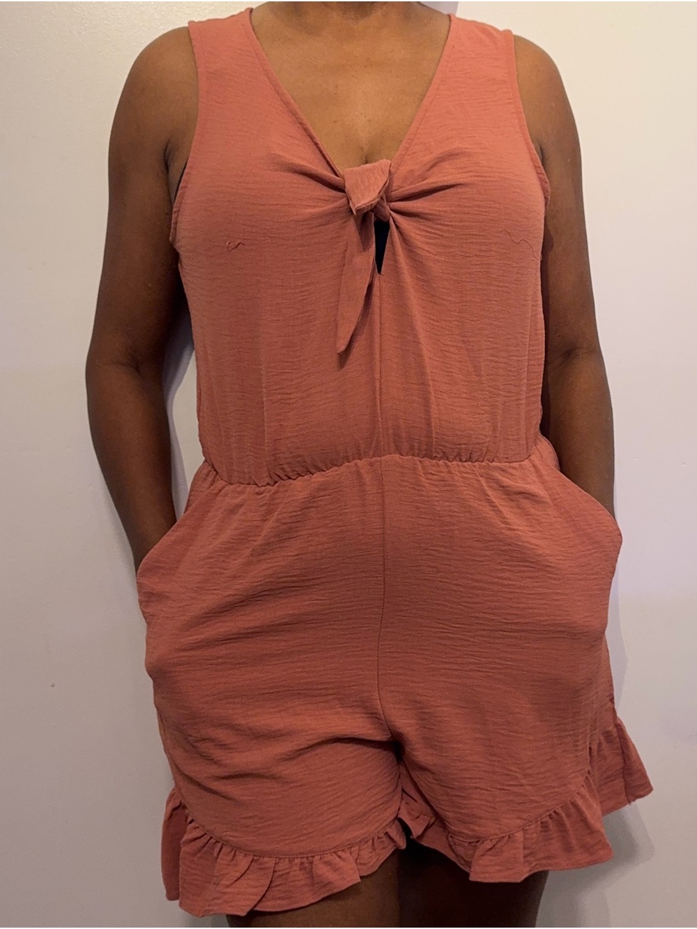BCBG Sleeveless Tie-Front Romper in Dusty Rose